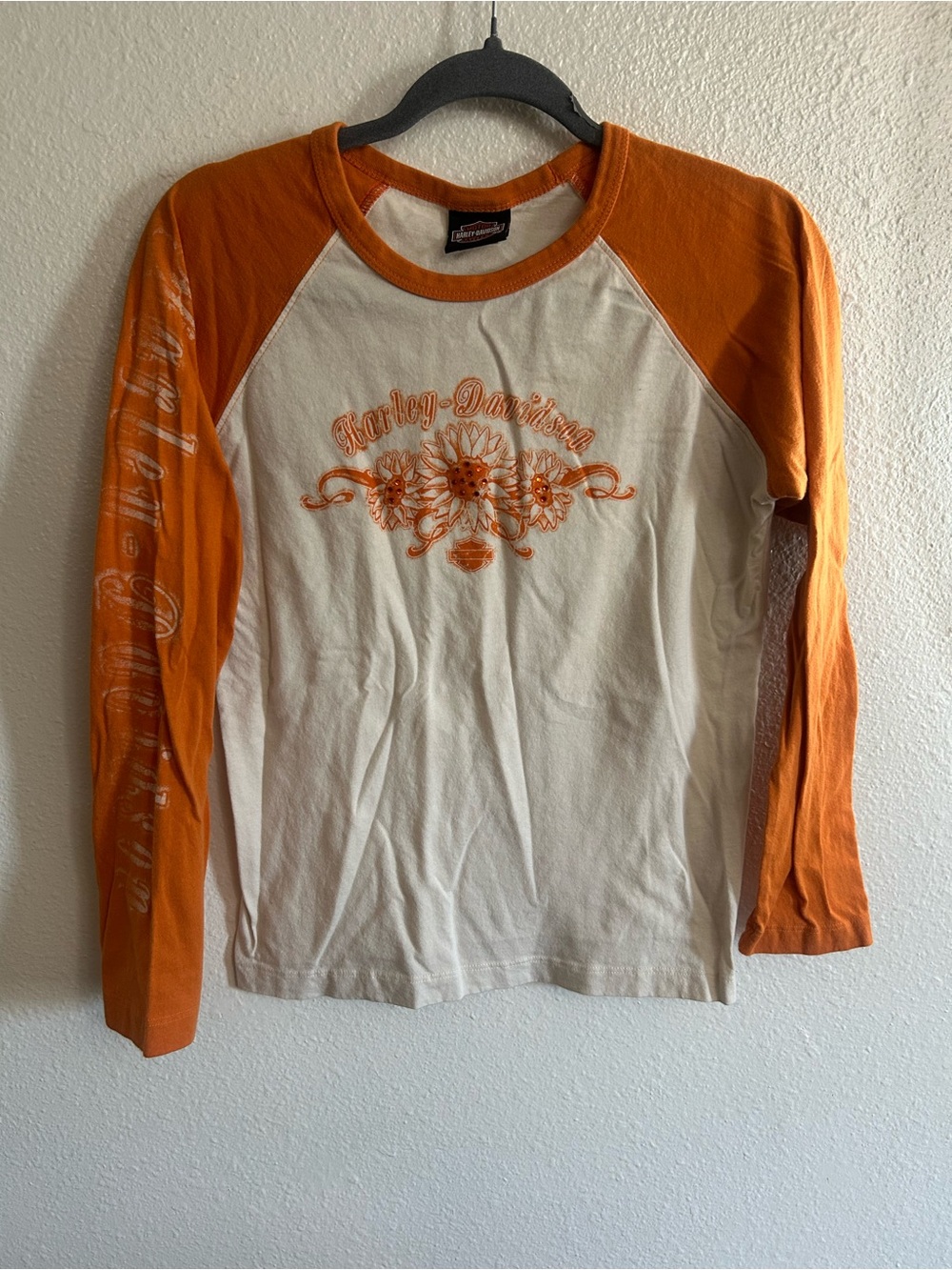 Vintage Y2K Harley Davidson Sunflower Baseball Long Sleeve Tshirt Womens L